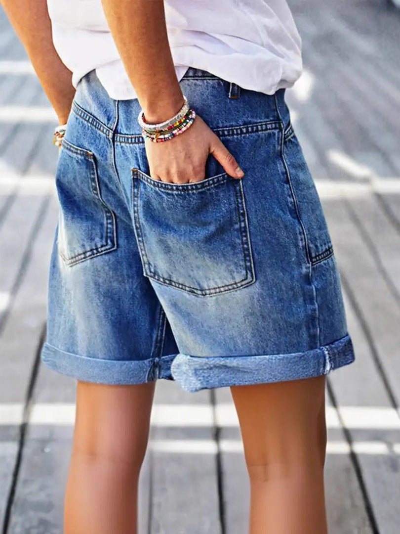 Women's High-Waist Denim Shorts - Clean Finish Relaxed Fit detail view