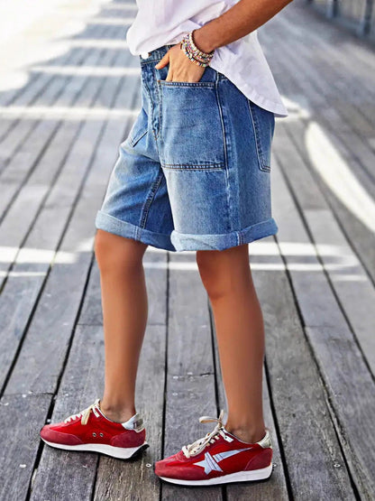 Women's High-Waist Denim Shorts - Clean Finish Relaxed Fit detail view