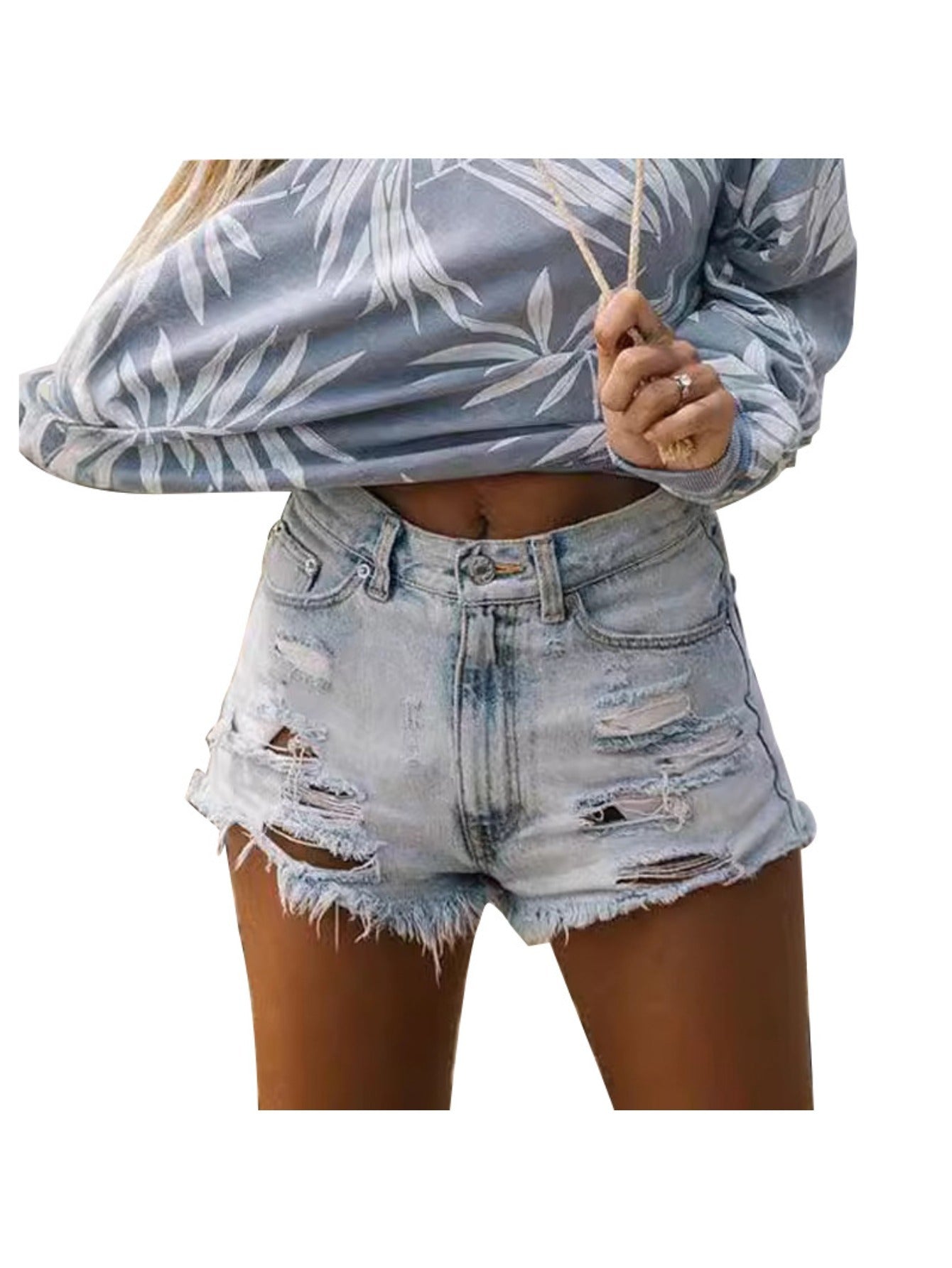 Women's High-Waist Denim Shorts - Distressed Style 80 detail view