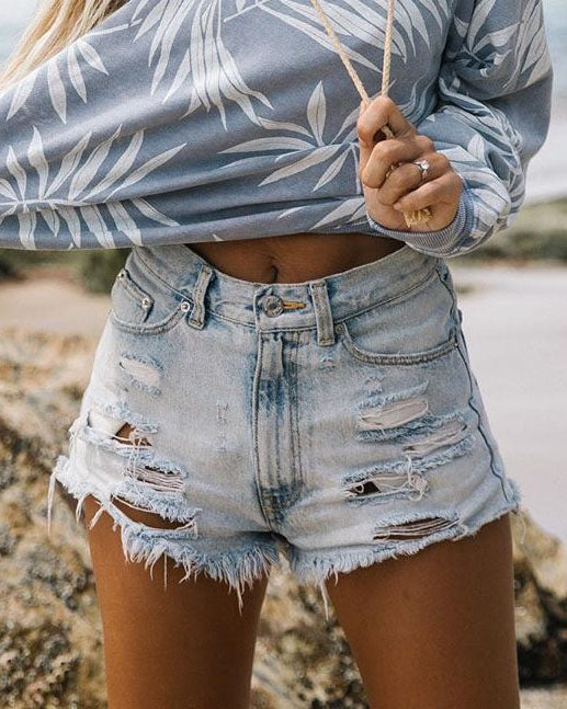 Women's High-Waist Denim Shorts - Distressed Style 80 detail view