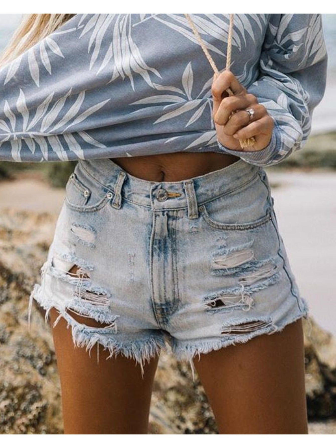 Women's High-Waist Denim Shorts - Distressed Style 80 – Blue option – main product image