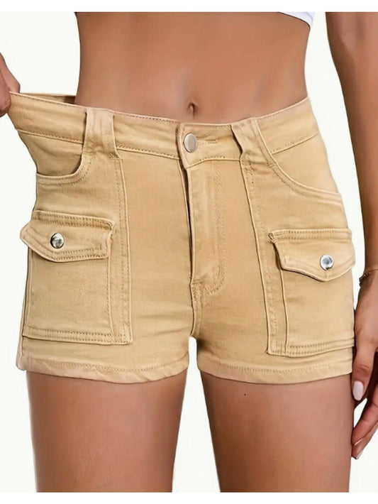 Women's High-Waist Denim Shorts - Khaki 1 Pockets – Khaki option – main product image