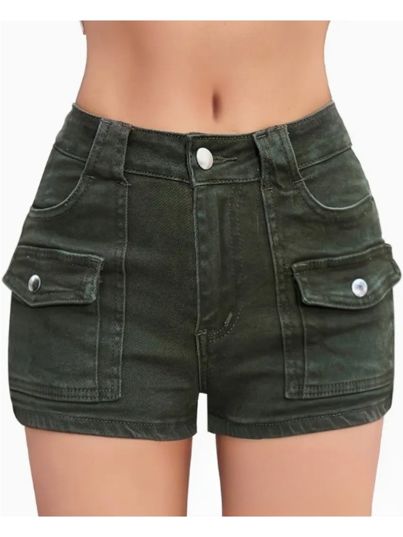 Women's High-Waist Denim Shorts - Khaki 1 Pockets detail view