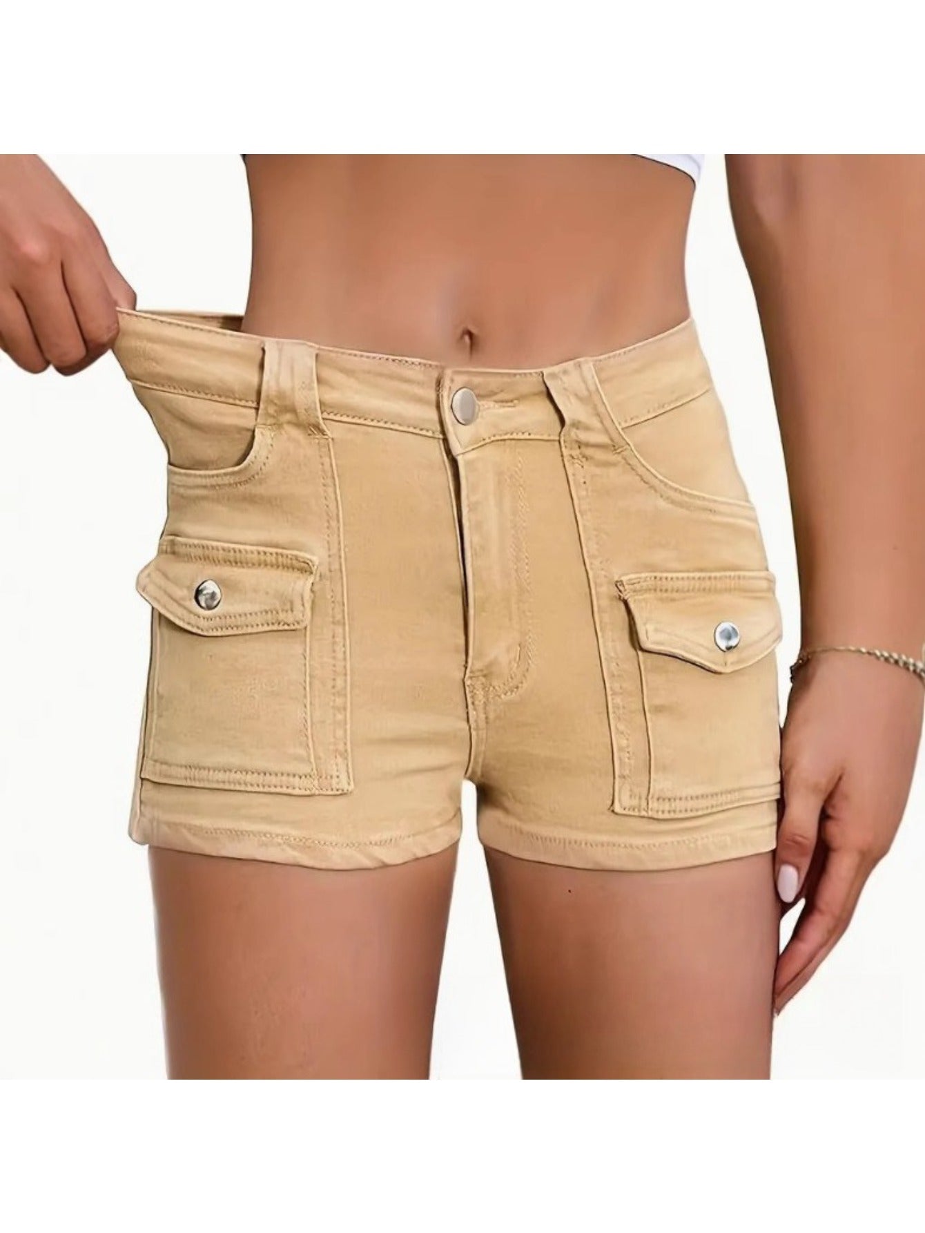 Women's High-Waist Denim Shorts - Khaki 1 Pockets detail view