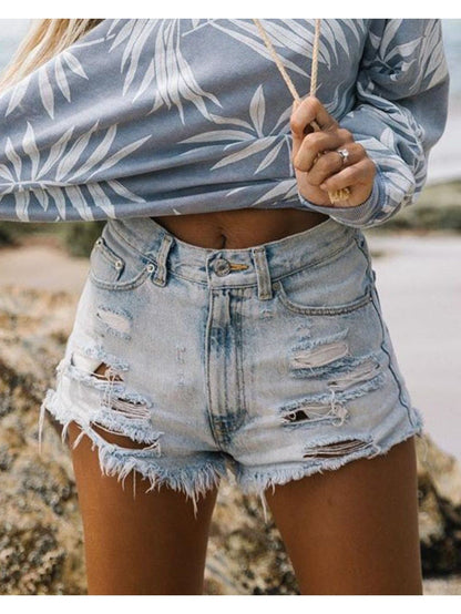 Women's High-Waist Denim Shorts - Light Blue Distressed – Blue option – main product image
