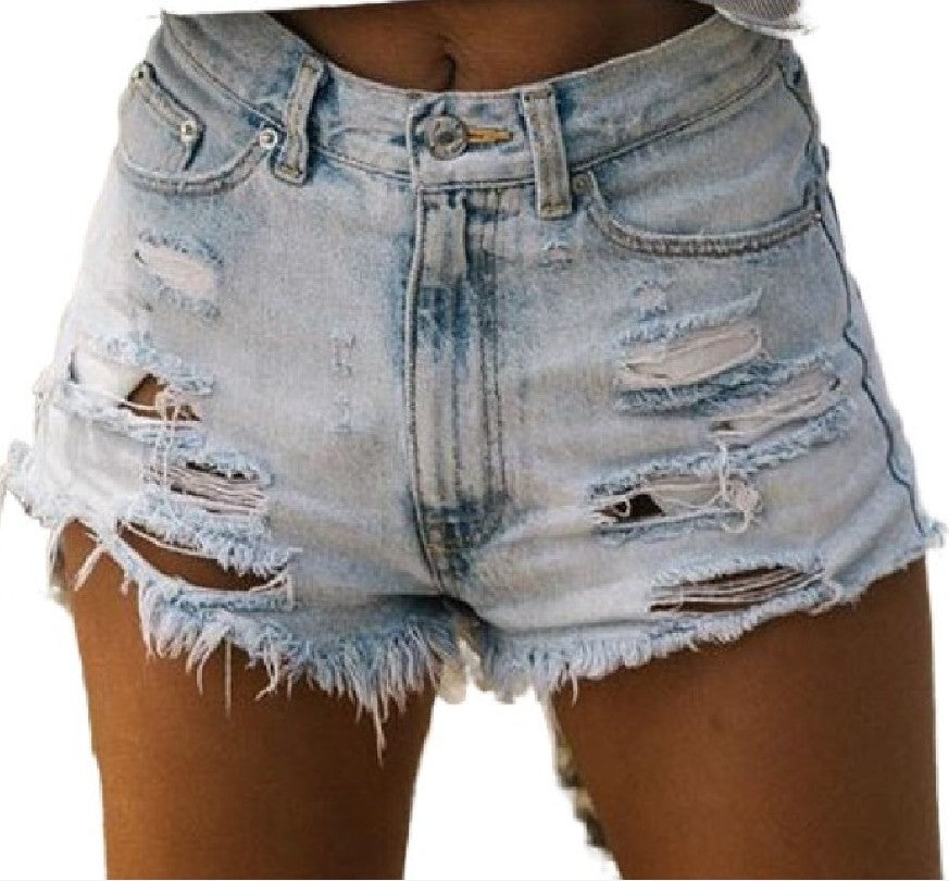 Women's High-Waist Denim Shorts - Light Blue Distressed detail view