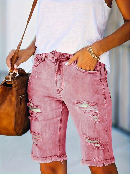 Women's High-Waist Denim Shorts - Pink Distressed detail view