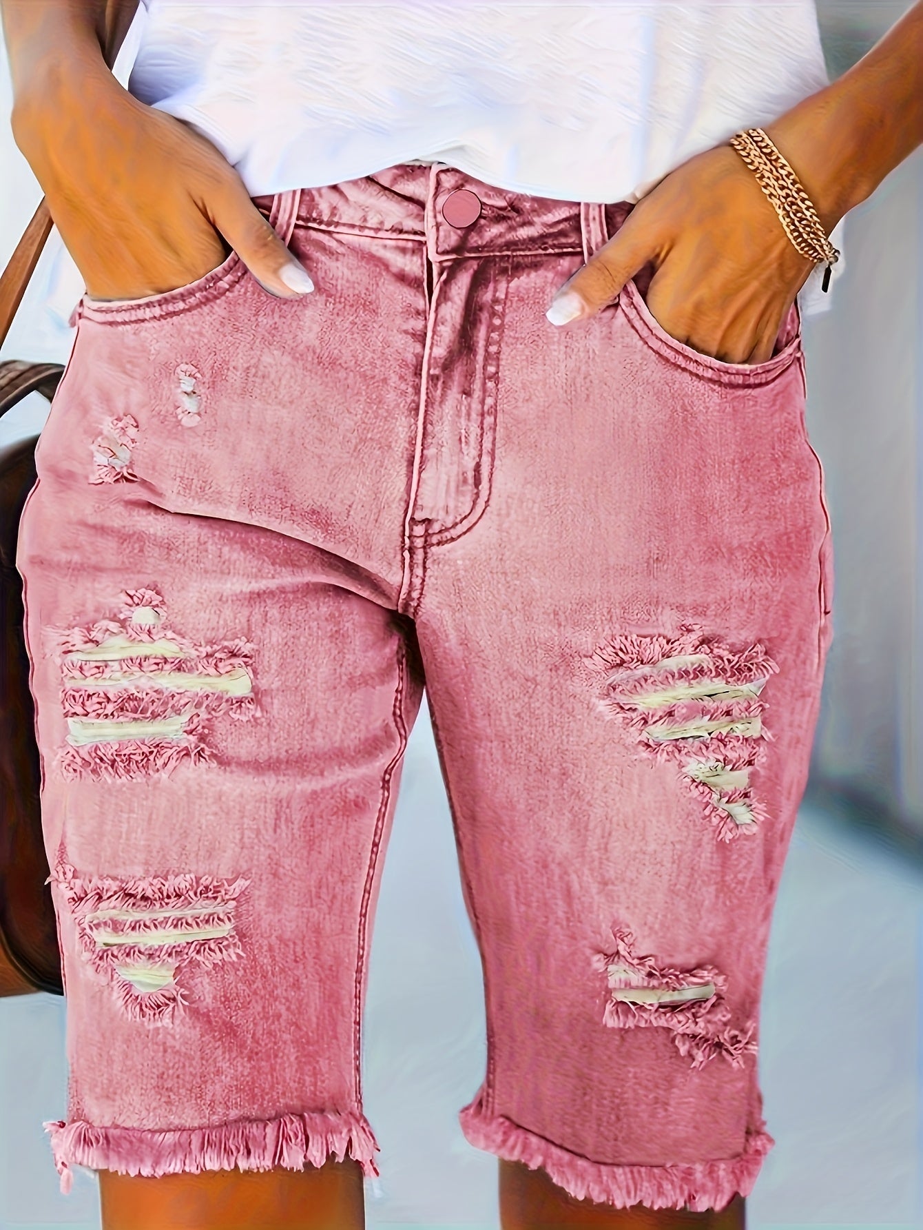 Women's High-Waist Denim Shorts - Pink Distressed detail view