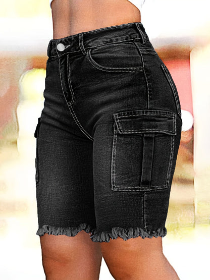 Women's High-Waist Denim Shorts - Raw Hem Fitted – view 12
