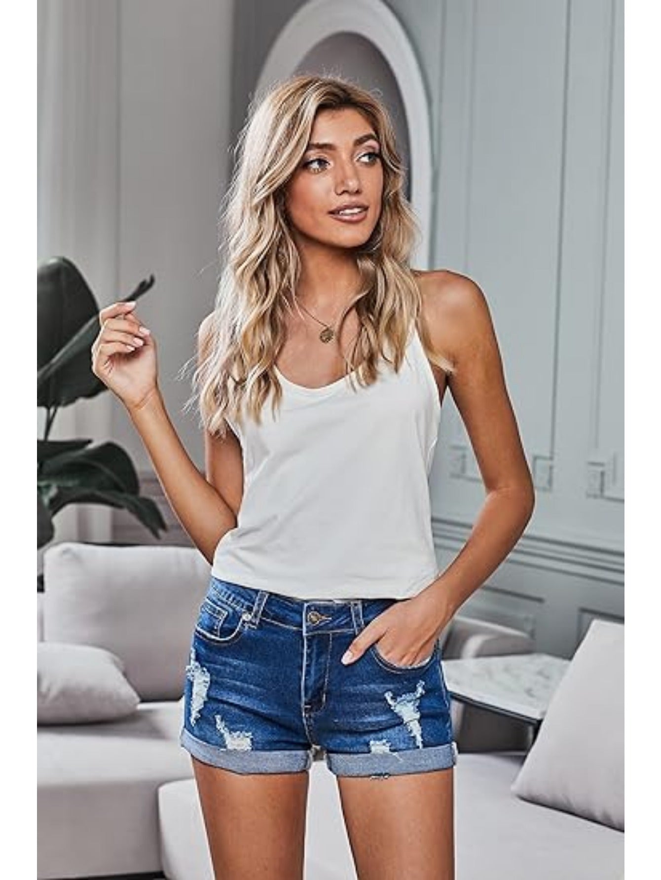 Women's High-Waist Denim Shorts - Sky Blue Distressed – Blue option – view 2