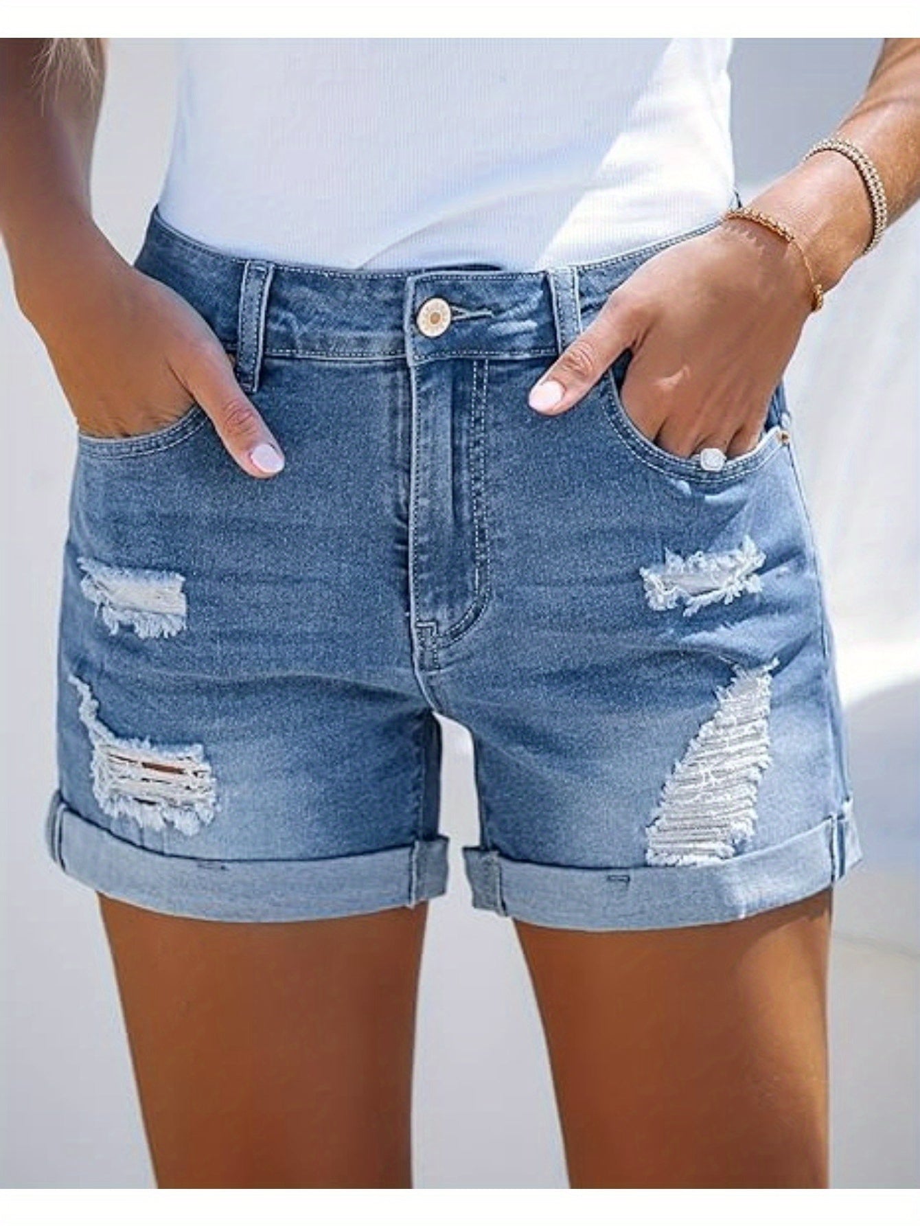 Women's High-Waist Denim Shorts - Sky Blue Distressed detail view
