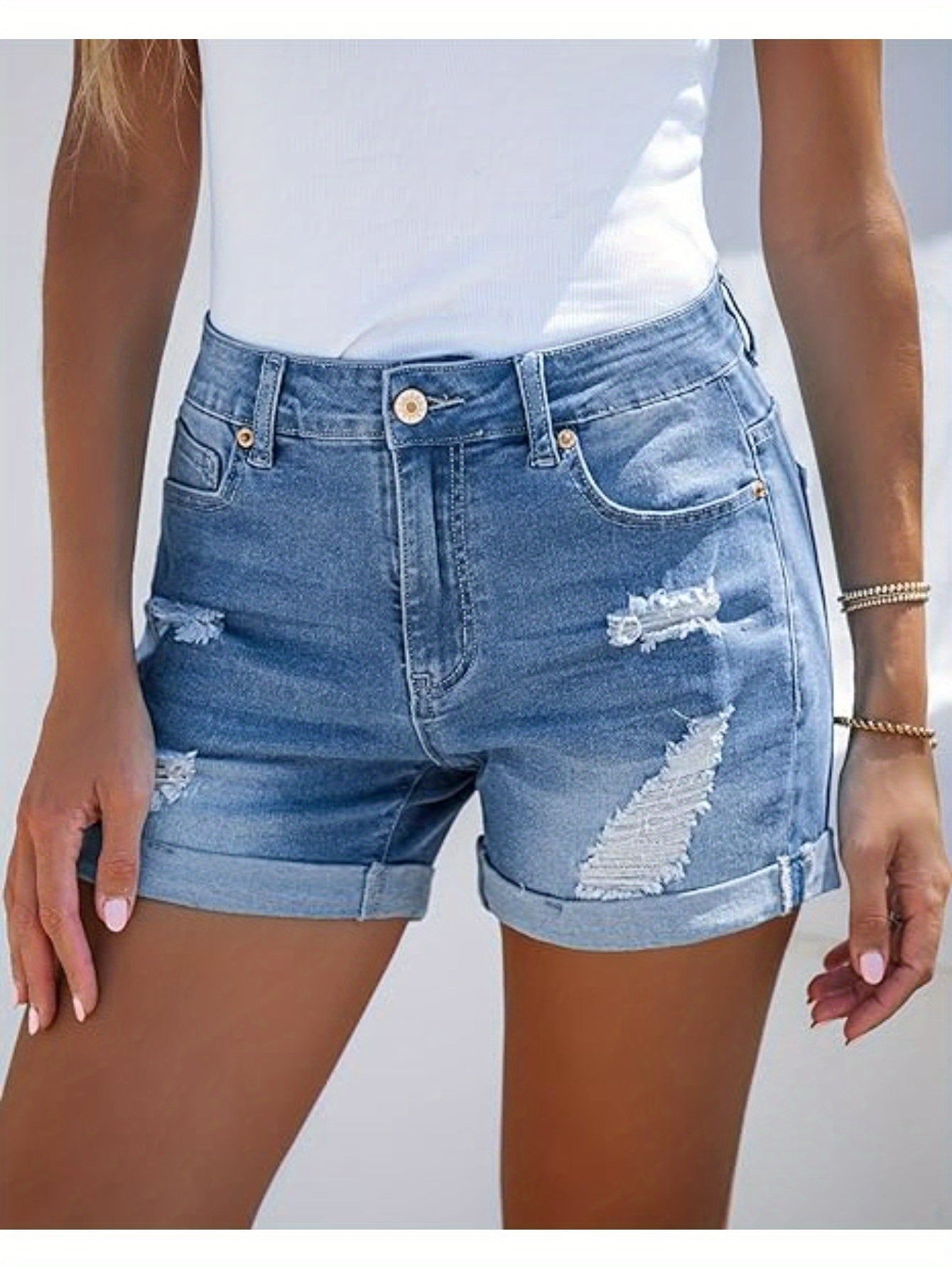 Women's High-Waist Denim Shorts - Sky Blue Distressed detail view