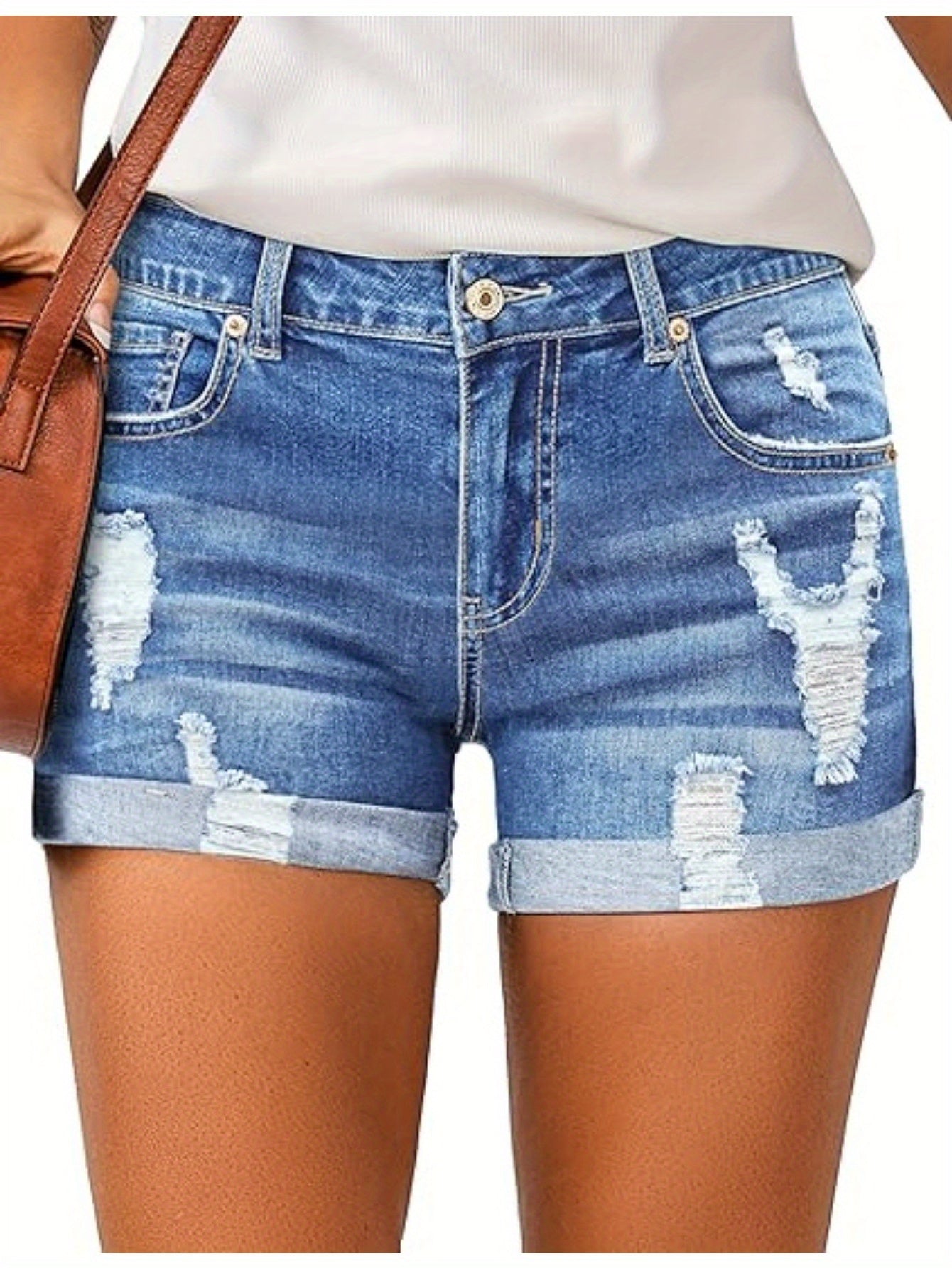 Women's High-Waist Denim Shorts - Sky Blue Distressed detail view