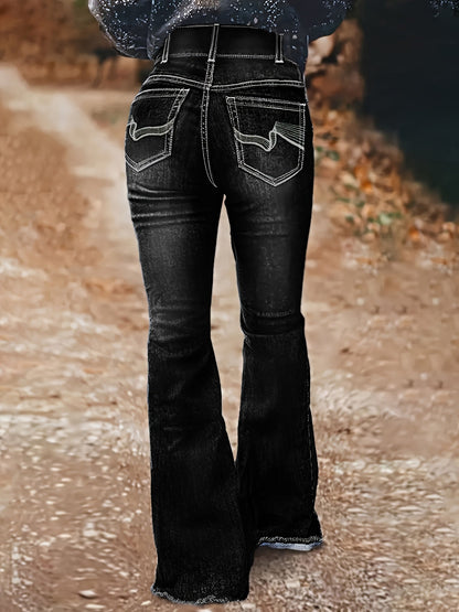 Women's High-Waist Flare Jeans - Black Embroidered detail view