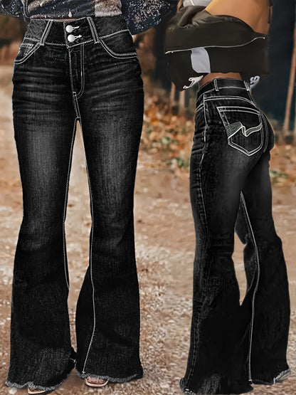 Women's High-Waist Flare Jeans - Black Embroidered detail view