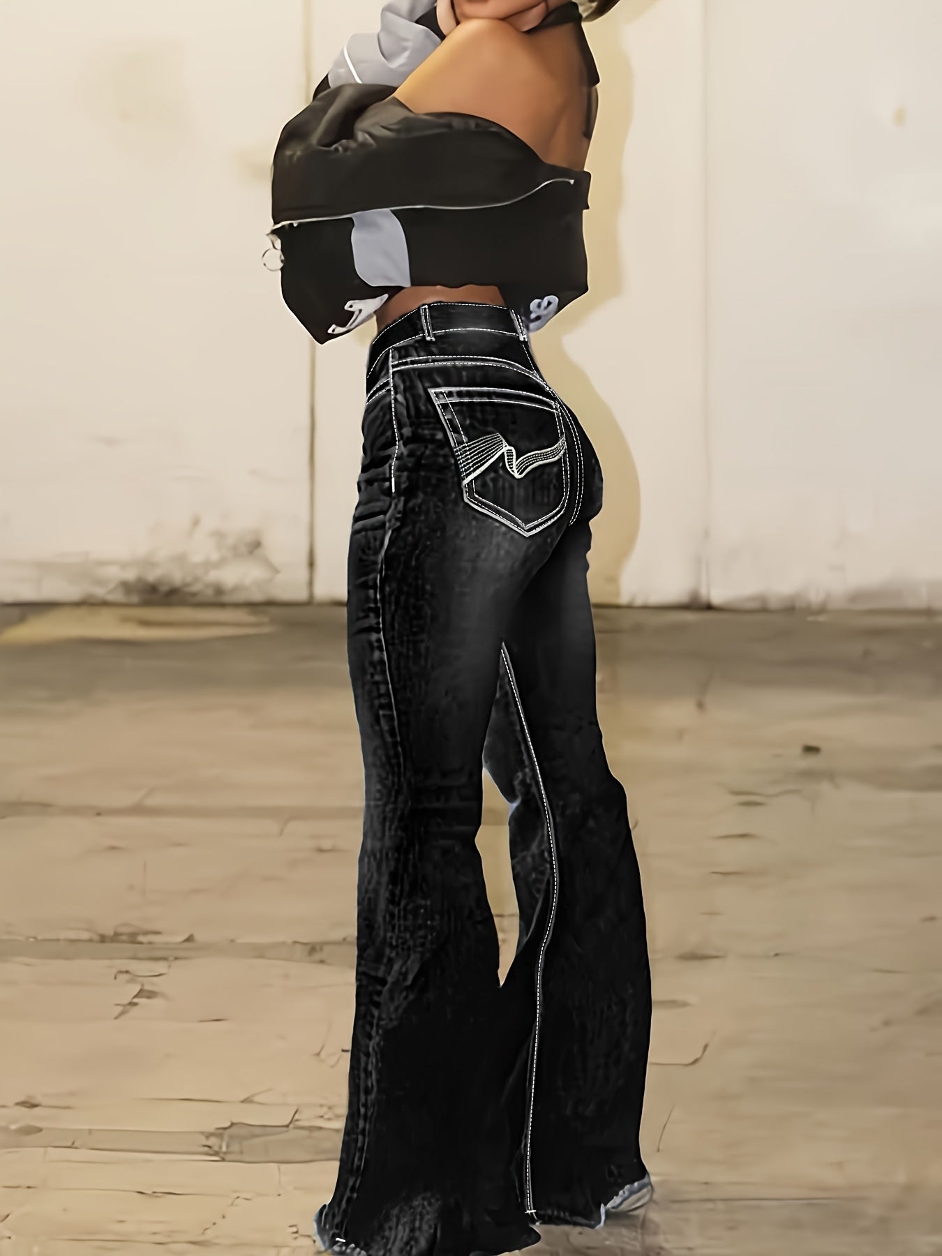 Women's High-Waist Flare Jeans - Black Embroidered detail view