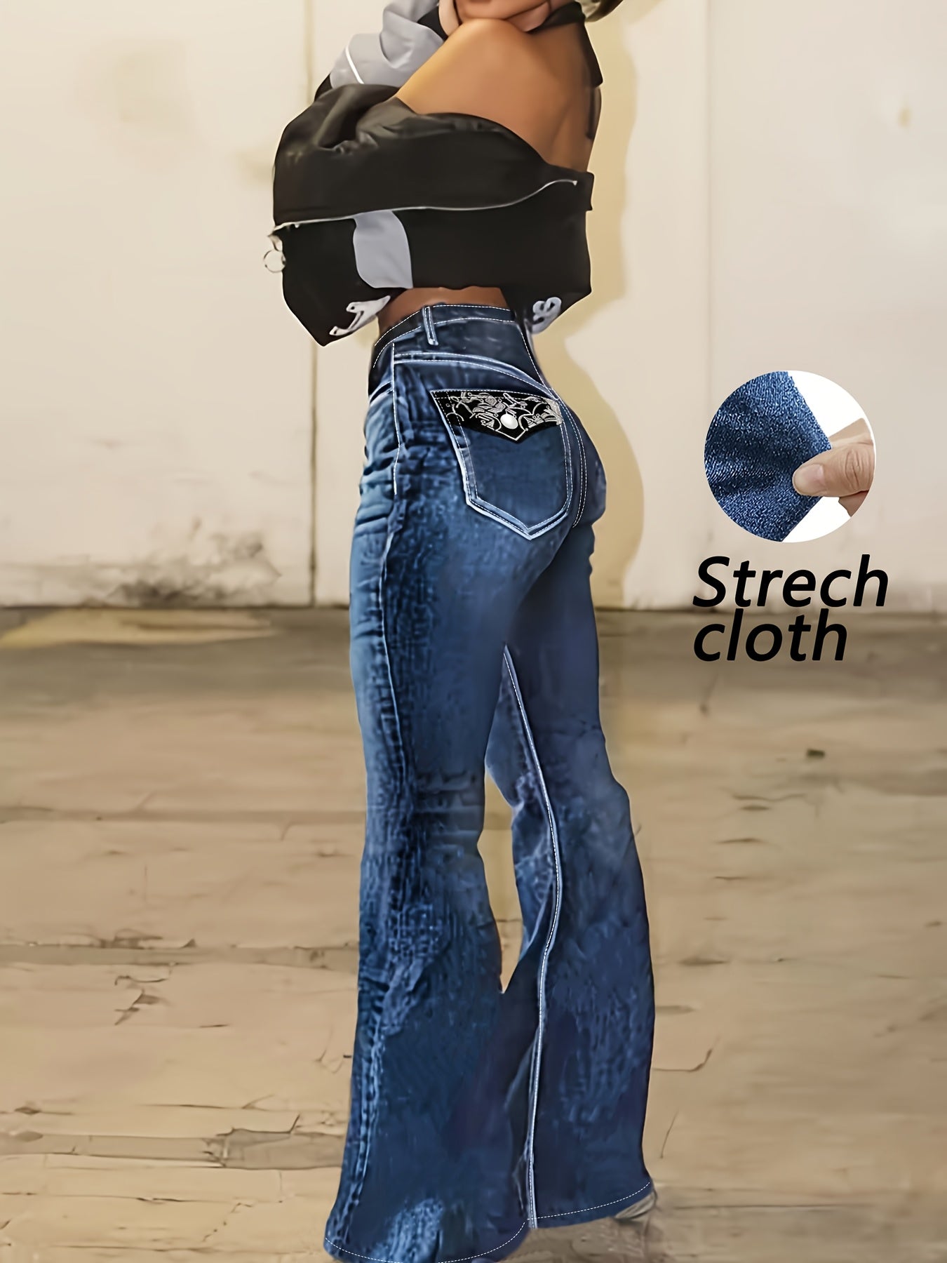 Women's High-Waist Flare Jeans - Black Embroidered Stretch detail view