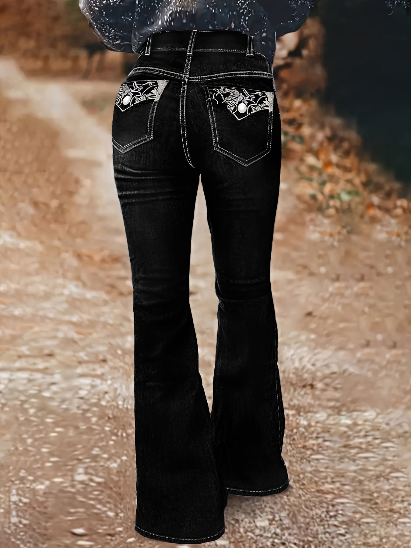 Women's High-Waist Flare Jeans - Black Embroidered Stretch detail view