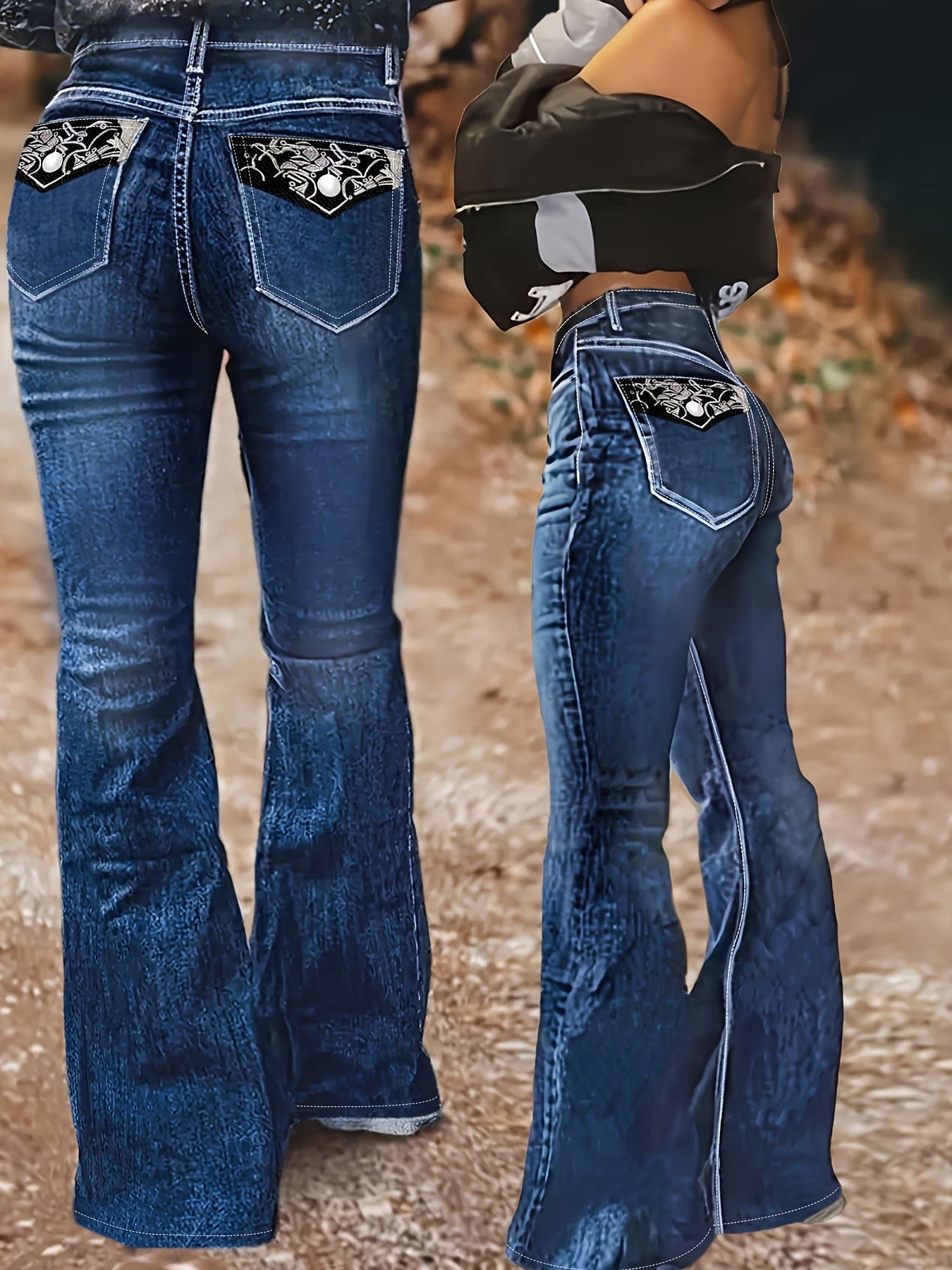 Women's High-Waist Flare Jeans - Black Embroidered Stretch detail view