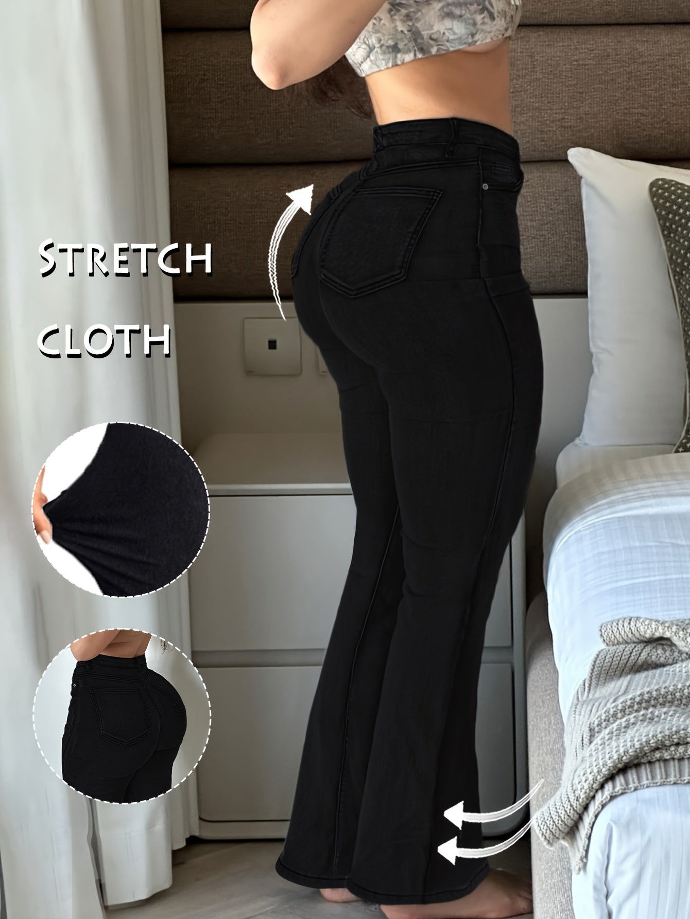 Women's High-Waist Flare Jeans - Black Pocket Detail Stretch detail view
