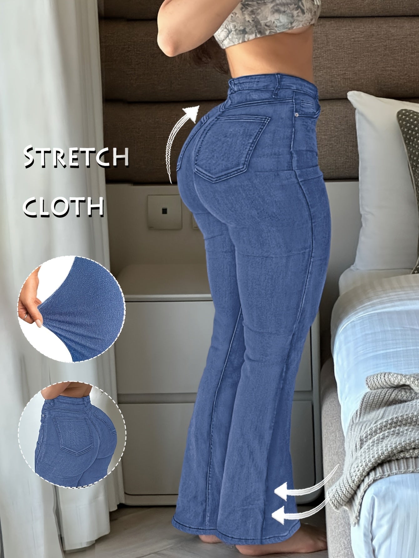 Women's High-Waist Flare Jeans - Black Pocket Detail Stretch detail view