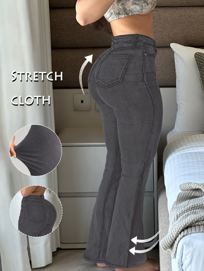 Women's High-Waist Flare Jeans - Black Pocket Detail Stretch detail view