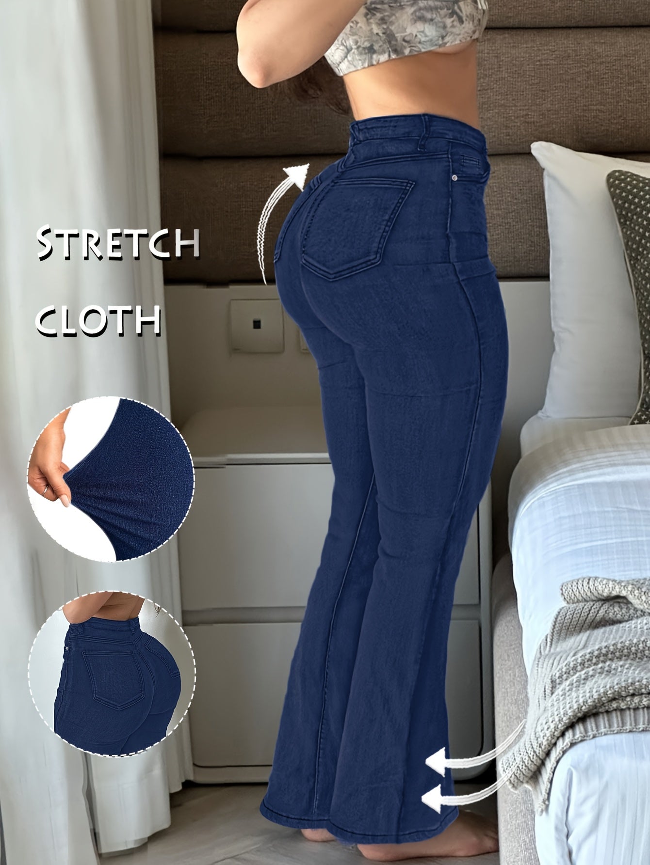 Women's High-Waist Flare Jeans - Black Pocket Detail Stretch detail view