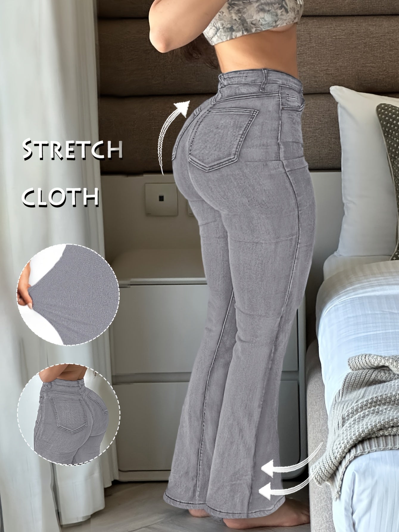 Women's High-Waist Flare Jeans - Black Pocket Detail Stretch detail view