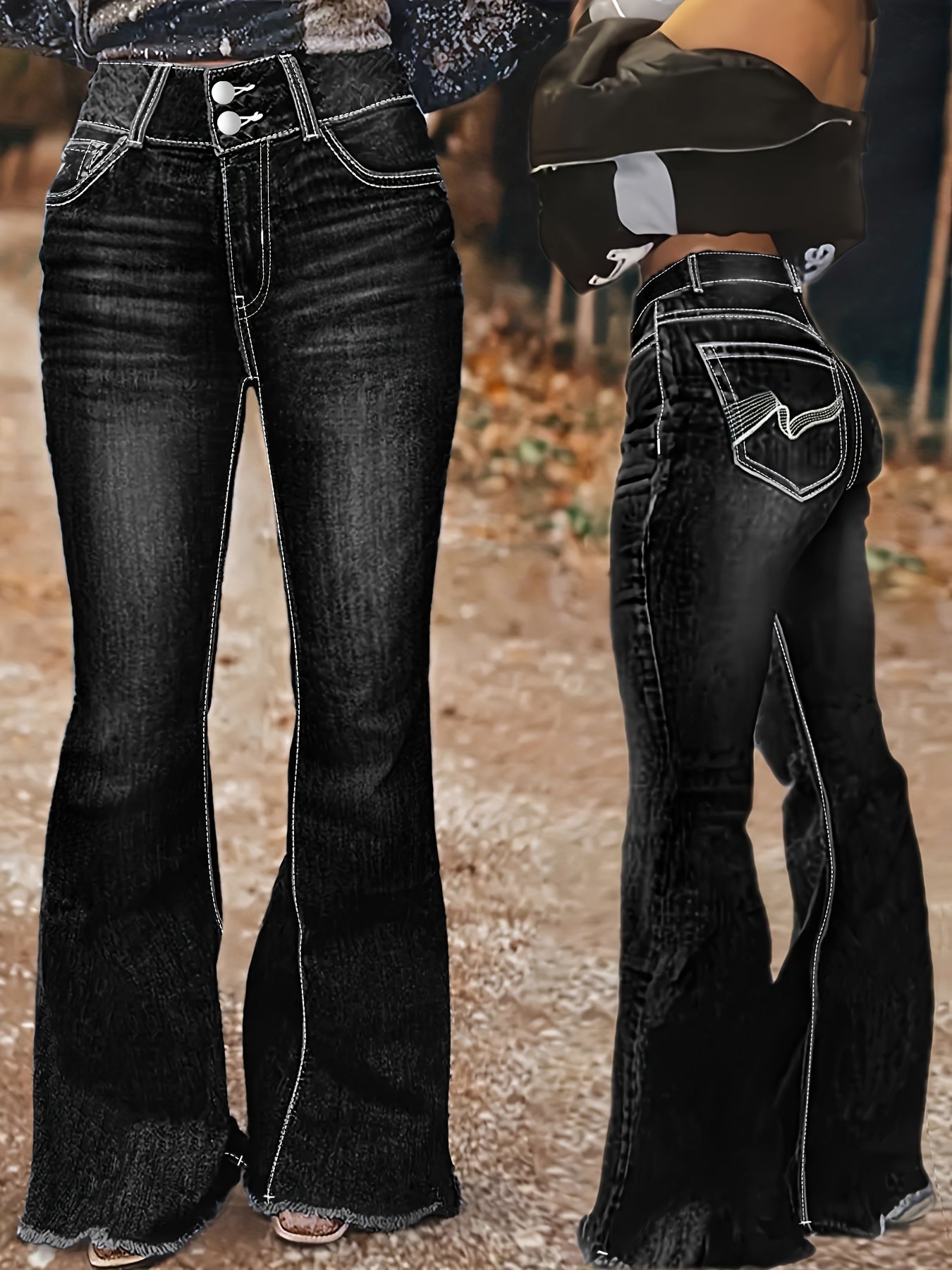 Women's High-Waist Flare Jeans - Black Vintage Wash Distressed detail view