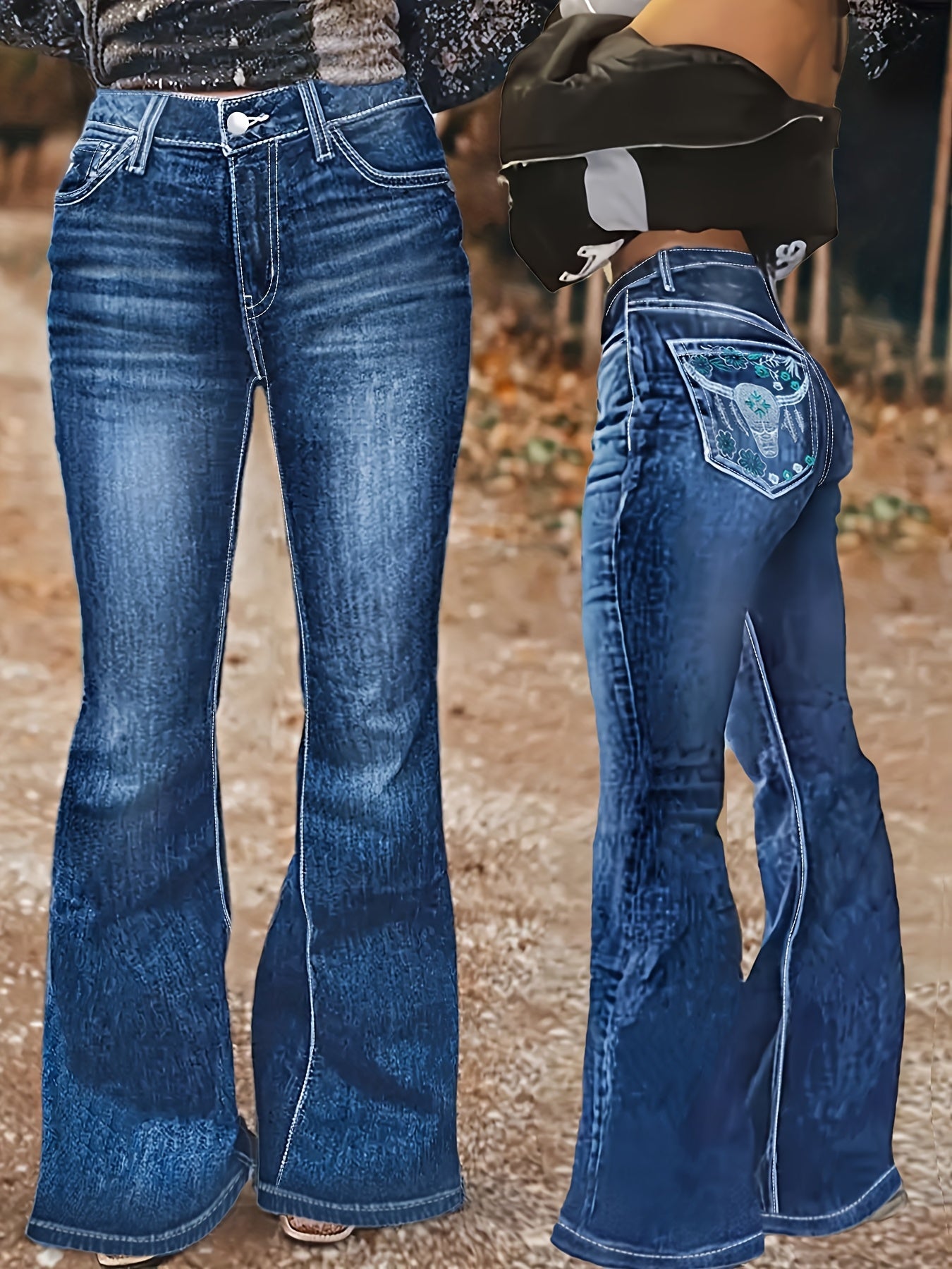 Women's High-Waist Flare Jeans - Black Vintage Wash Distressed detail view