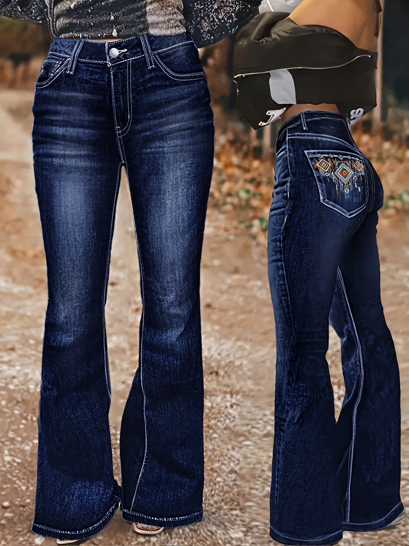 Women's High-Waist Flare Jeans - Black Vintage Wash Distressed detail view