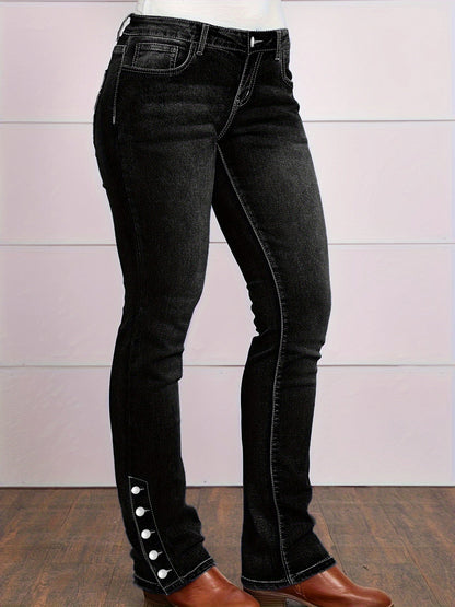 Women's High-Waist Flare Jeans - Blue Button Detail Stretch – view 3