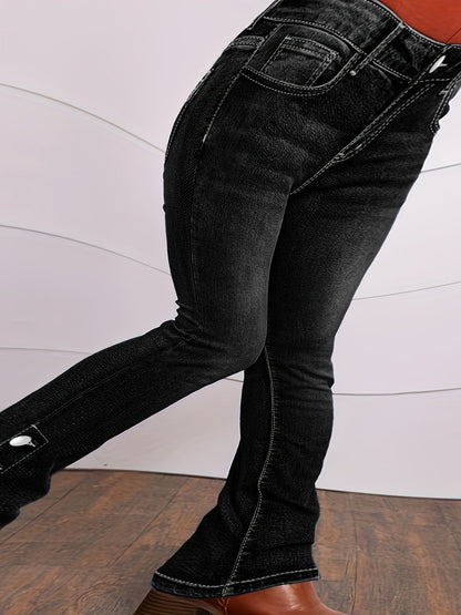 Women's High-Waist Flare Jeans - Blue Button Detail Stretch – view 5