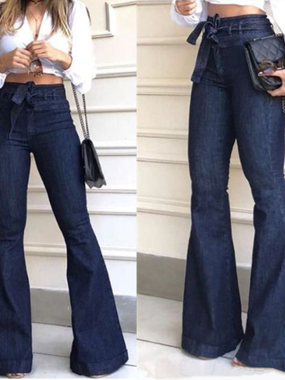 Women's High-Waist Flare Jeans - Blue Distressed Stretch detail view