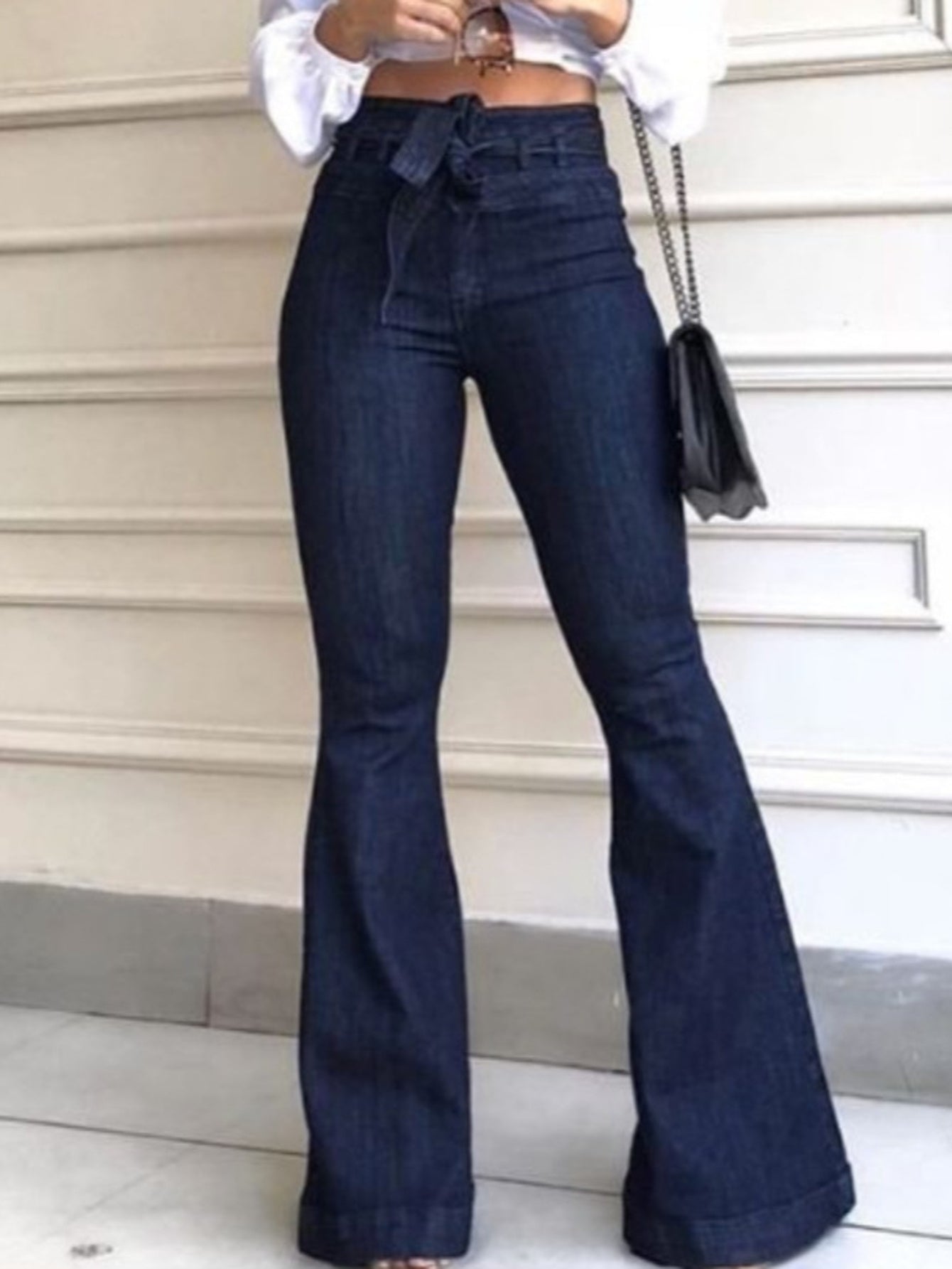 Women's High-Waist Flare Jeans - Blue Distressed Stretch detail view