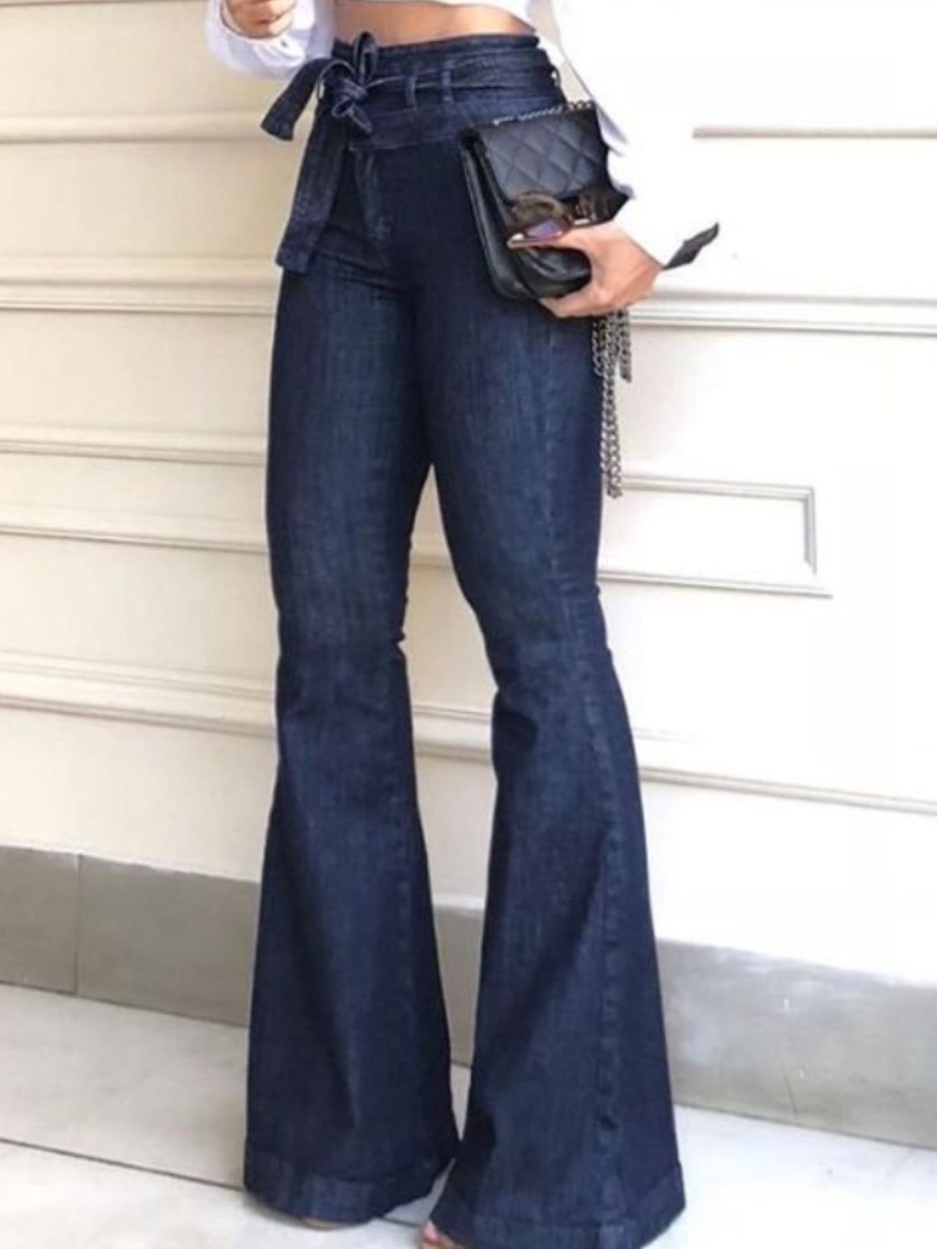 Women's High-Waist Flare Jeans - Blue Distressed Stretch detail view