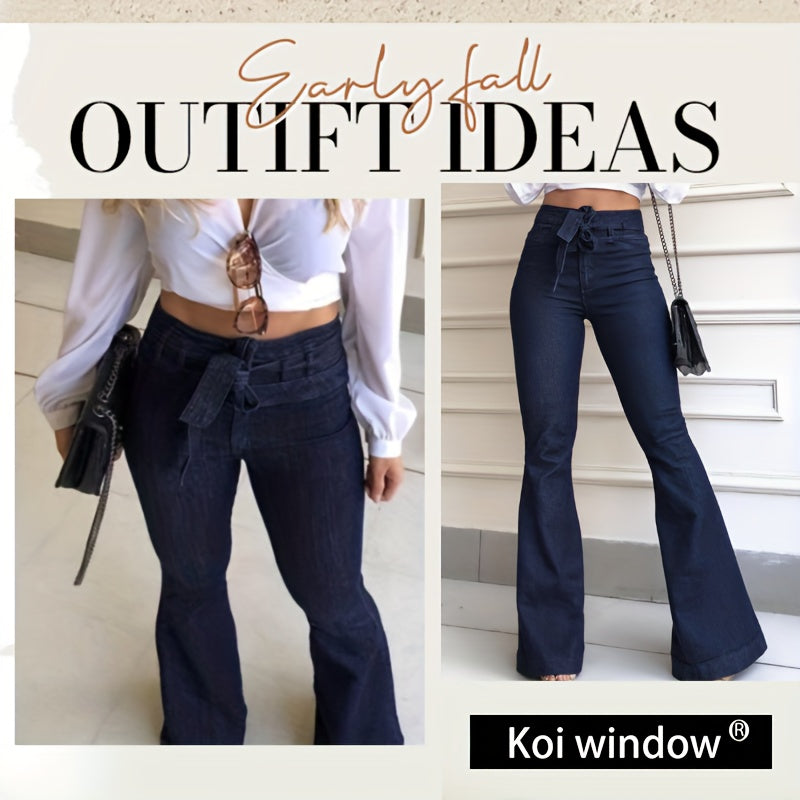 Women's High-Waist Flare Jeans - Blue Distressed Stretch detail view