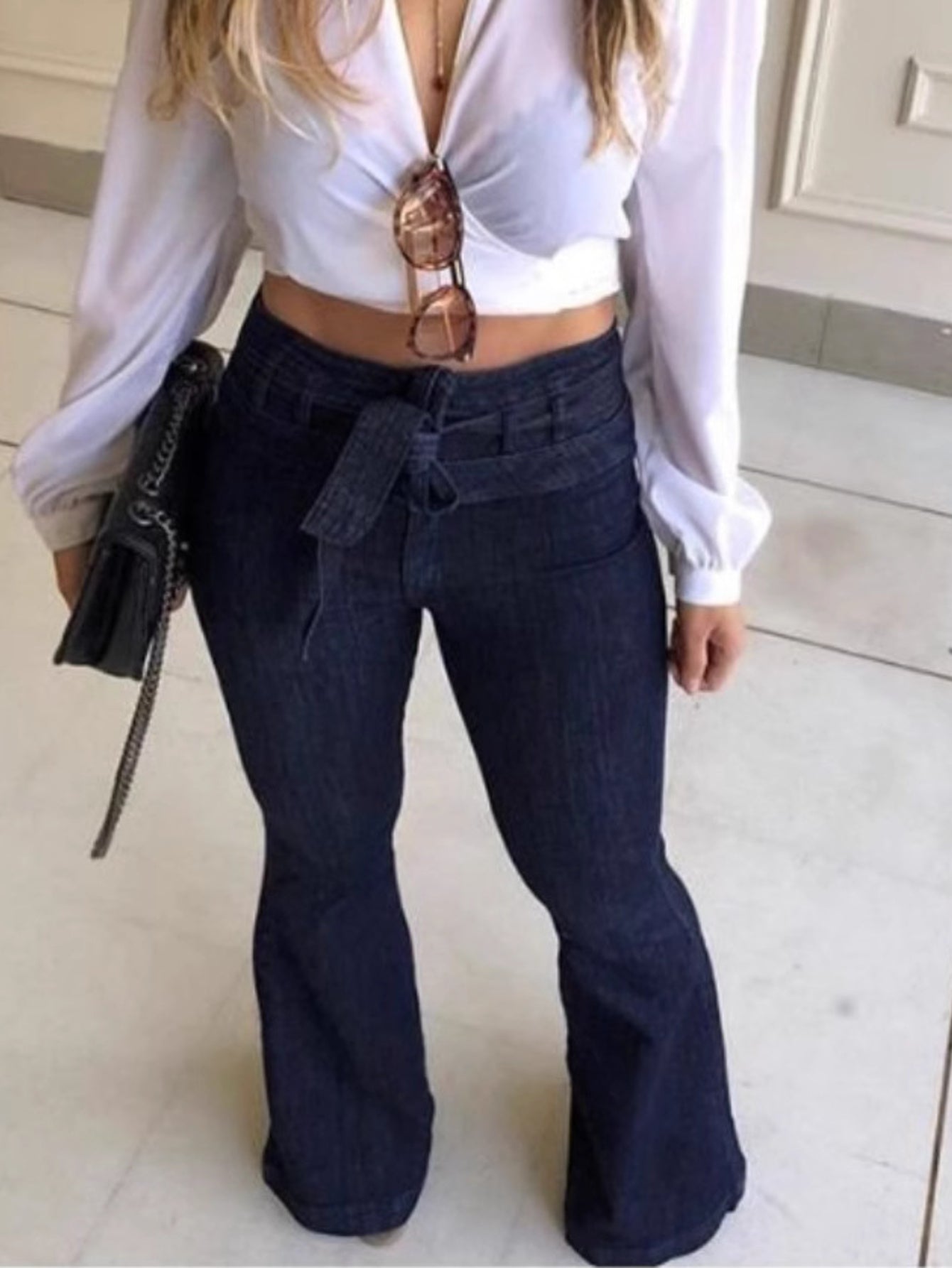 Women's High-Waist Flare Jeans - Blue Distressed Stretch detail view