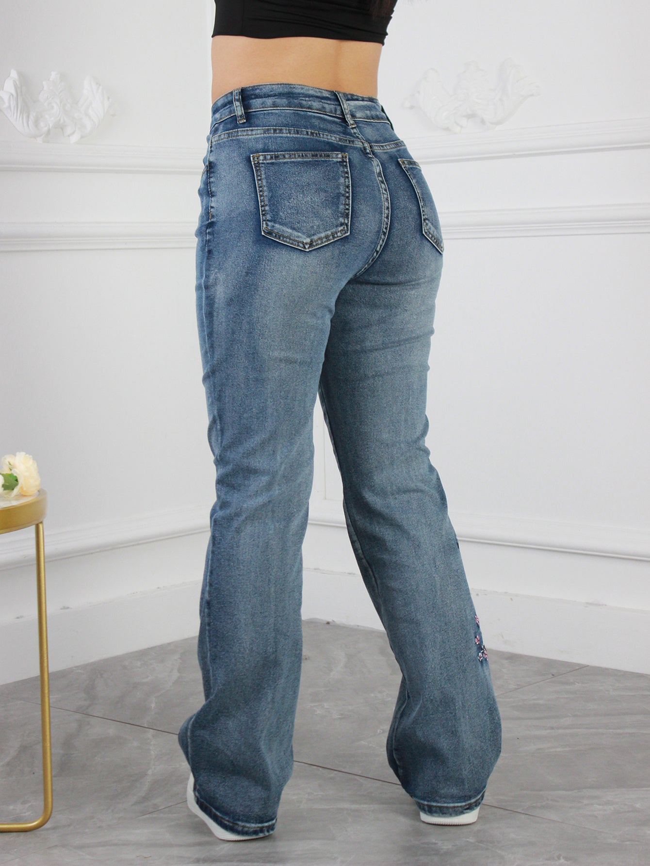 Women's High-Waist Flare Jeans - Blue Embroidered detail view
