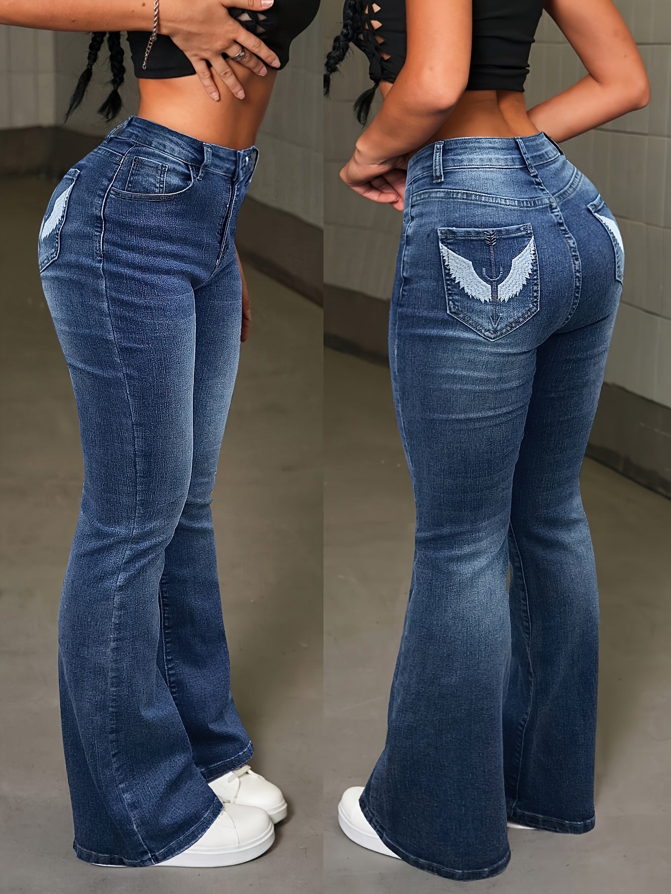 Women's High-Waist Flare Jeans - Blue Embroidered Stretch – Blue option – main product image