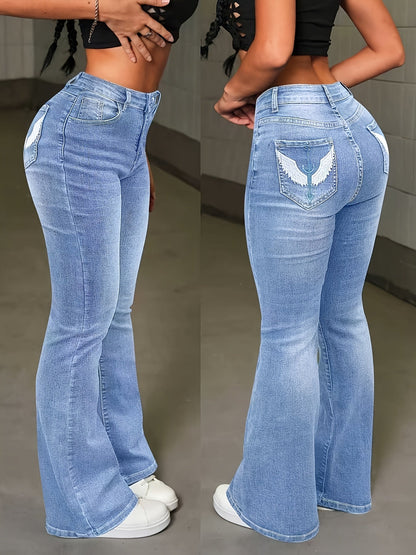 Women's High-Waist Flare Jeans - Blue Embroidered Stretch detail view