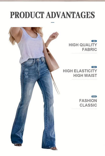 Women's High-Waist Flare Jeans - Bright Steel Blue Stretch detail view