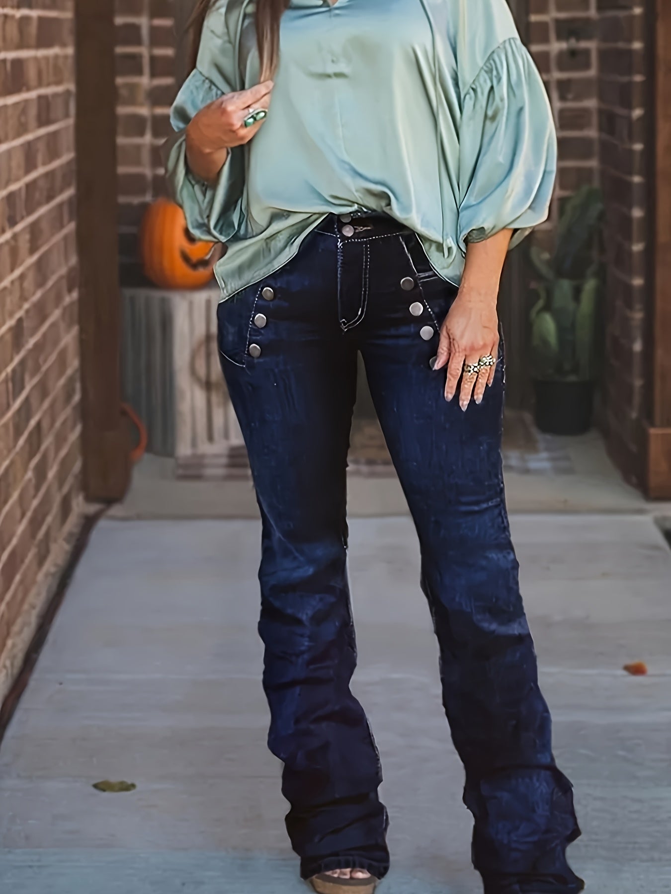 Women's High-Waist Flare Jeans - Dark Blue Button Detail detail view