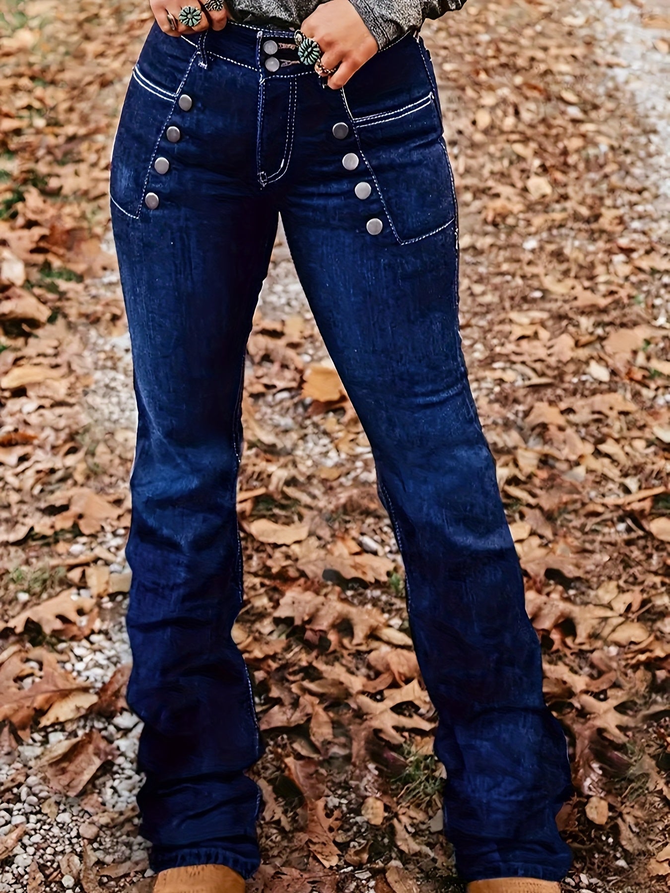 Women's High-Waist Flare Jeans - Dark Blue Button Detail detail view