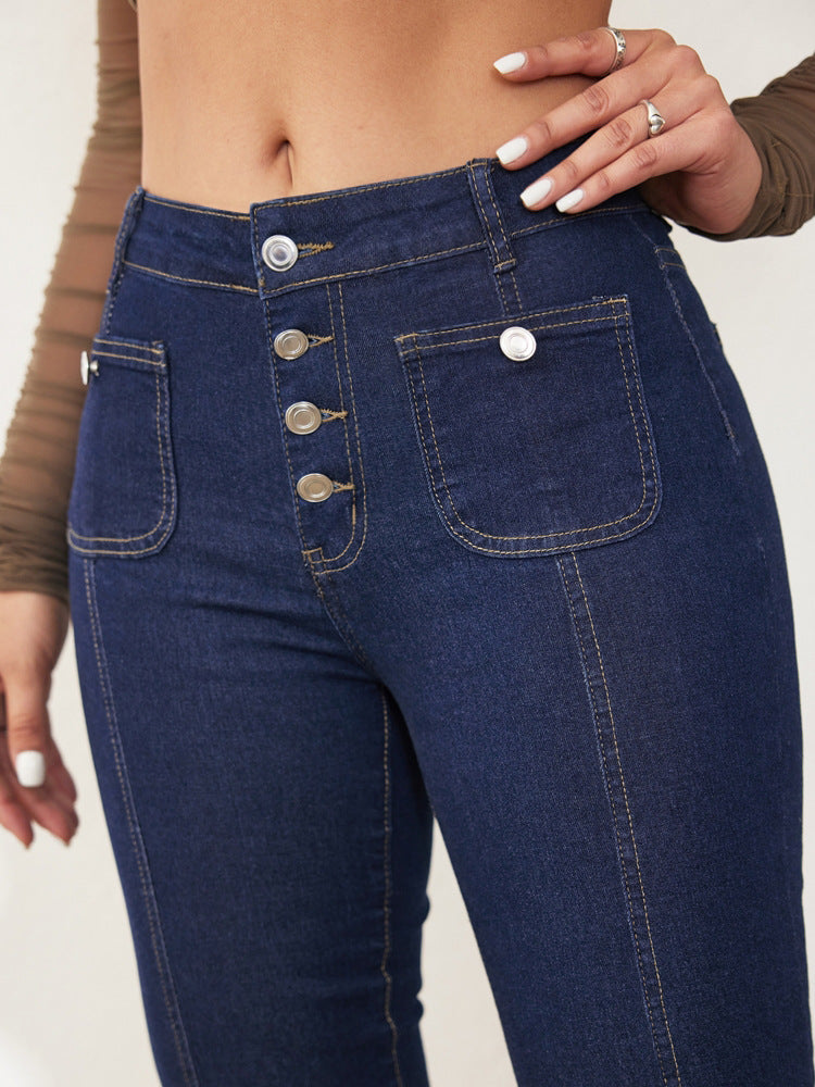Women's High-Waist Flare Jeans - Dark Blue Button Detail All-Season detail view