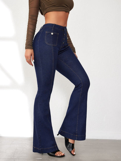 Women's High-Waist Flare Jeans - Dark Blue Button Detail All-Season detail view