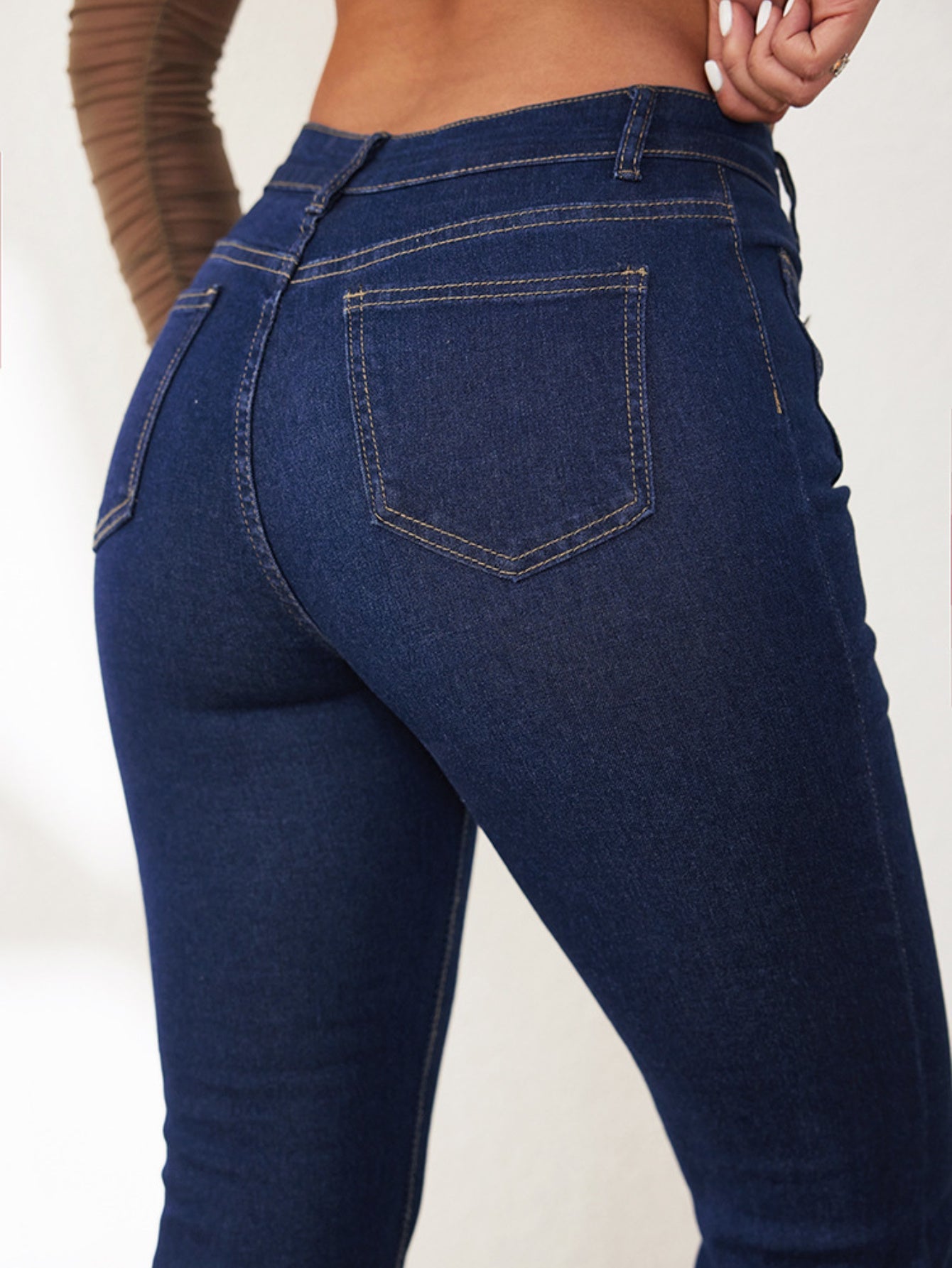 Women's High-Waist Flare Jeans - Dark Blue Button Detail All-Season detail view