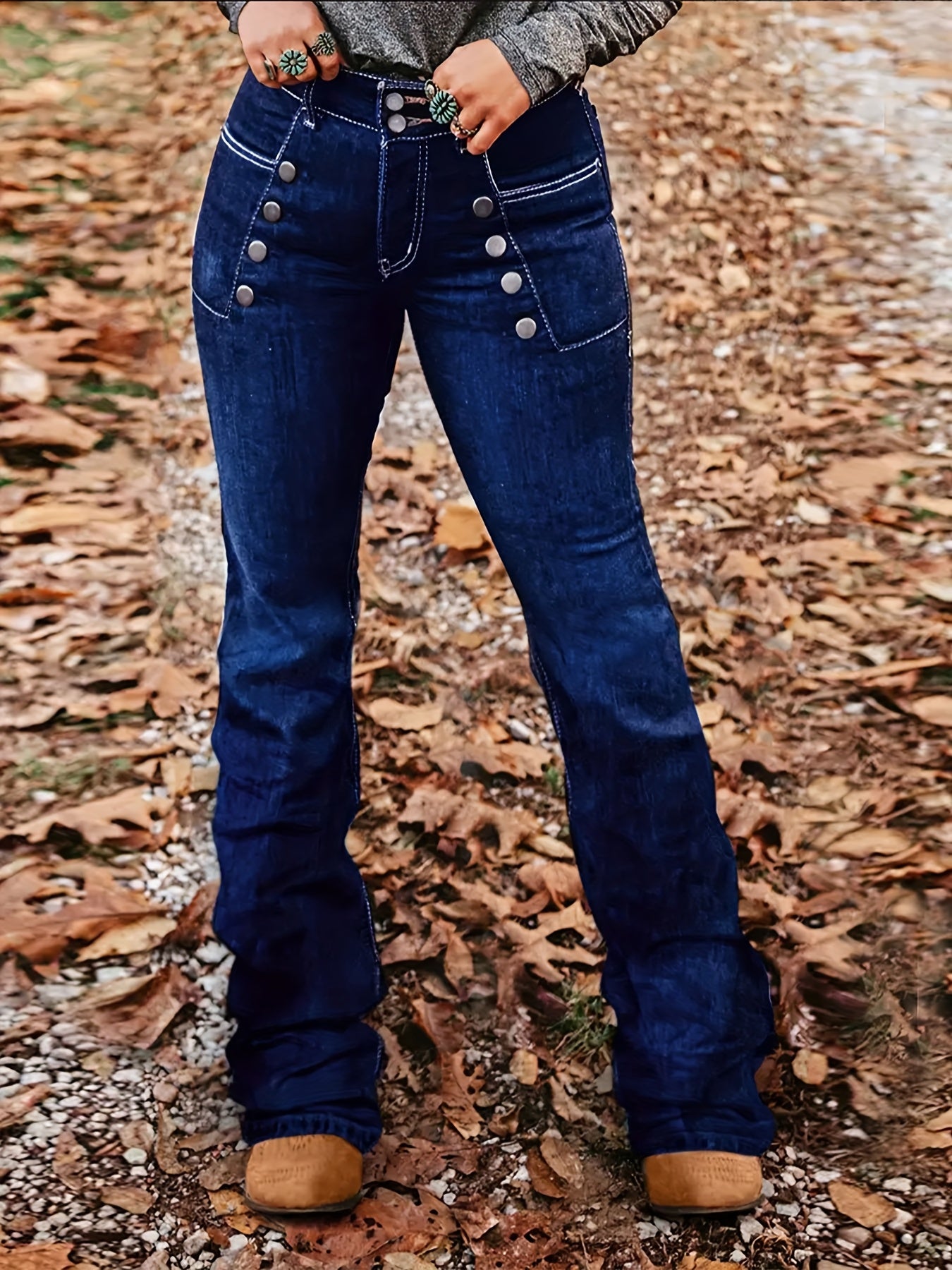 Women's High-Waist Flare Jeans - Dark Blue Button Detail Stretch – Blue option – main product image