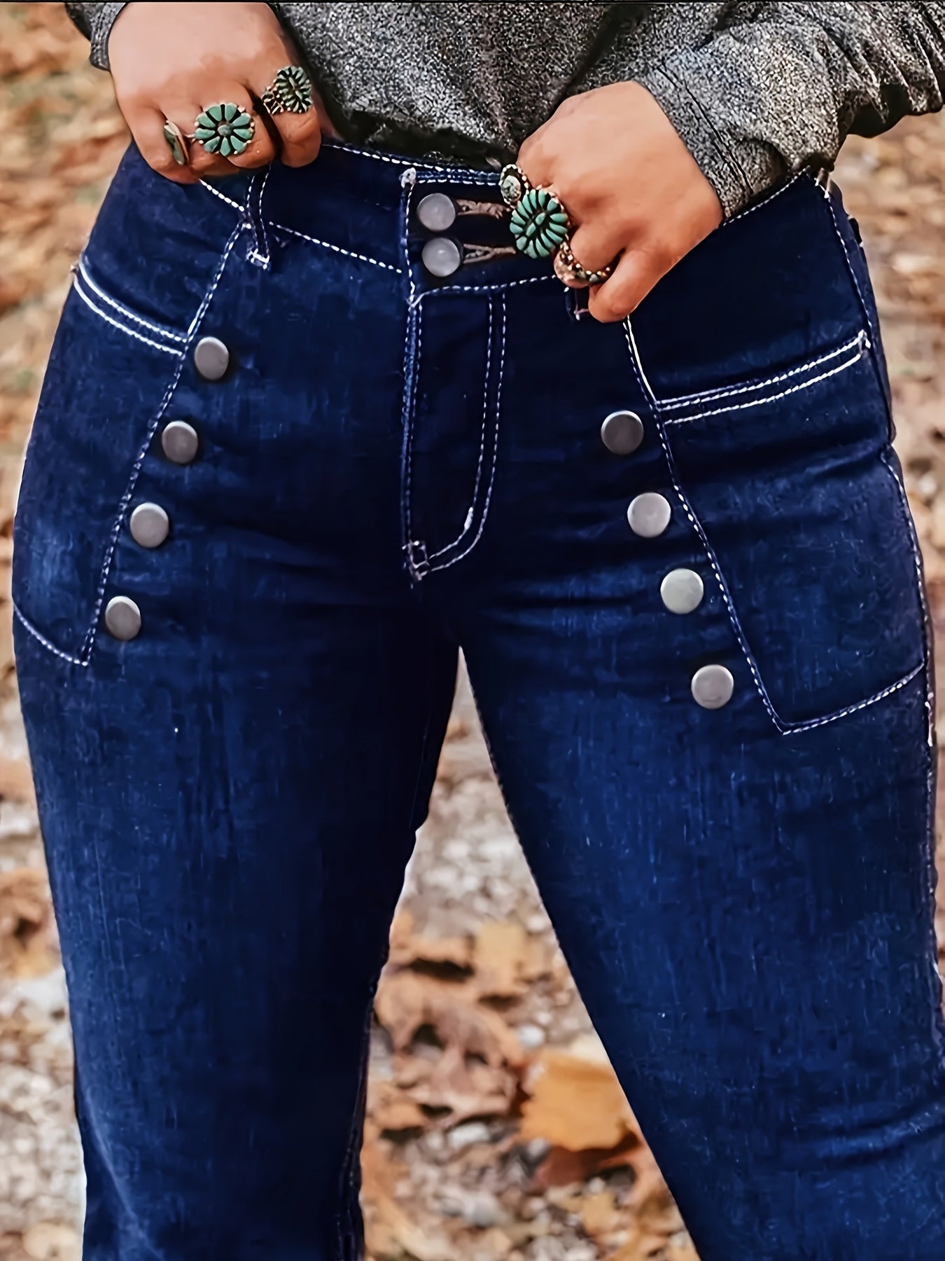 Women's High-Waist Flare Jeans - Dark Blue Button Detail Stretch detail view