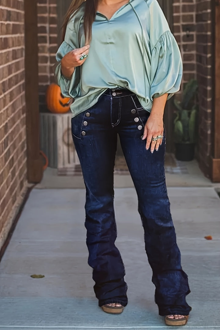 Women's High-Waist Flare Jeans - Dark Blue Button Detail Stretch detail view
